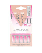 Salon Perfect Modern French Neon Nail Set with long coffin shape, glossy finish, and vibrant pink ombre French tips.