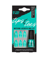 Salon Perfect Tips & Toes Set with bold teal press-on nails and matching nail lacquer for a vibrant manicure.