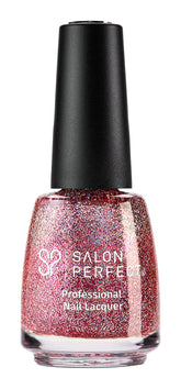 Salon Perfect Shimmer Down nail polish bottle with glittery pink polish on a white background