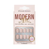 Salon Perfect Modern Art press-on nails in a soft nude shade with white wavy line accents, featuring 30 nails, nail glue, and a nail file.