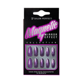 Salon Perfect Magnetic Mirror Effect press-on nails in magnetic purple with a shimmering finish, featuring 30 nails, nail glue, and a file.