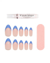 Periwinkle French tip press-on nails from Salon Perfect Tips & Toes 'Frolic With Me' set, including matching nail polish, nail glue, and a nail file.