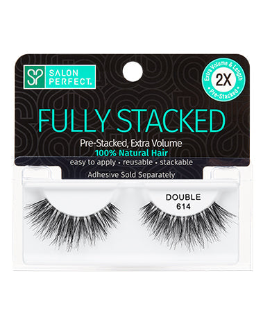 Salon Perfect Fully Stacked Double 614 – Extra volume, pre-stacked false lashes made from 100% natural hair. Reusable & easy to apply.