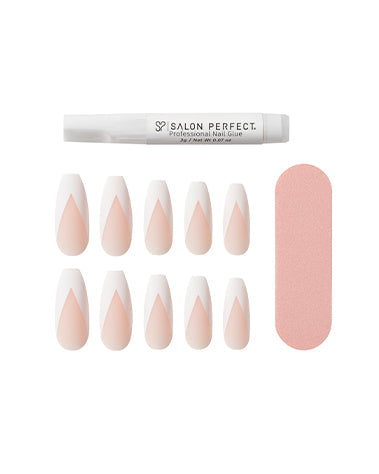 Salon Perfect Modern French Nail Set includes 24 press-on nails with a soft pink and white geometric French tip, nail file, and professional glue.