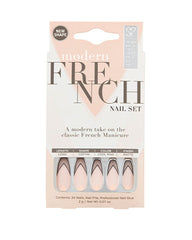 Salon Perfect Modern French Nail Set featuring a trendy take on the classic French manicure with a long coffin shape and matte finish.