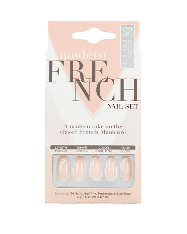 Salon Perfect Modern French Nail Set with a chic medium-length coffin shape, glossy finish, and delicate French tip design.