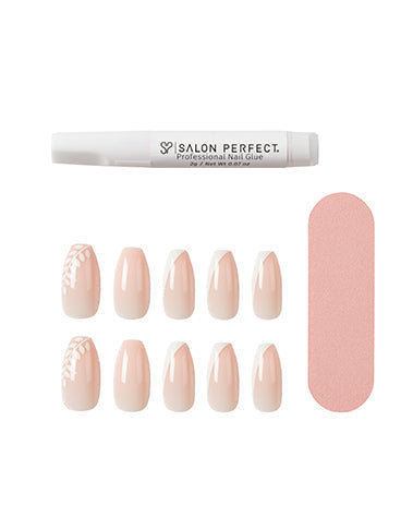 Salon Perfect Modern French Nail Set includes 24 press-on nails with classic French tips and lace accents, nail file, and professional glue.