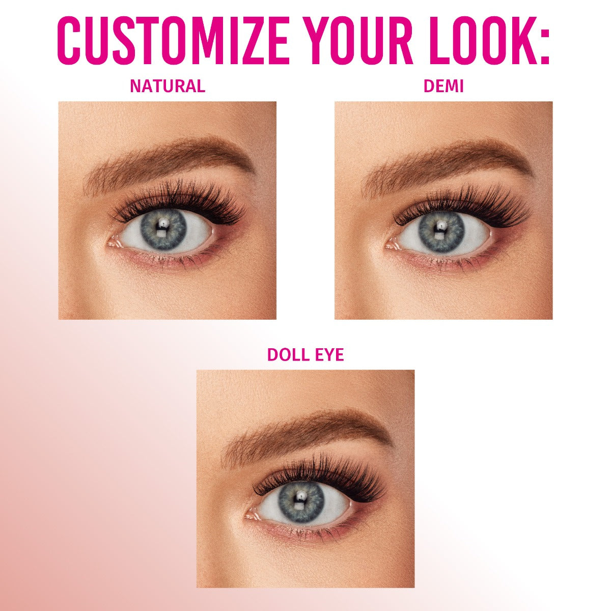 Lashes from the Supernatural Underlash Extension Kit displayed in three different looks