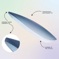 An artificial nail from SALON PERFECT NAIL 195 AURA JELLY BLUE PURP displayed stating the following: durable salon strength tip, comfortable lightweight fit, and tapered at the cuticle 