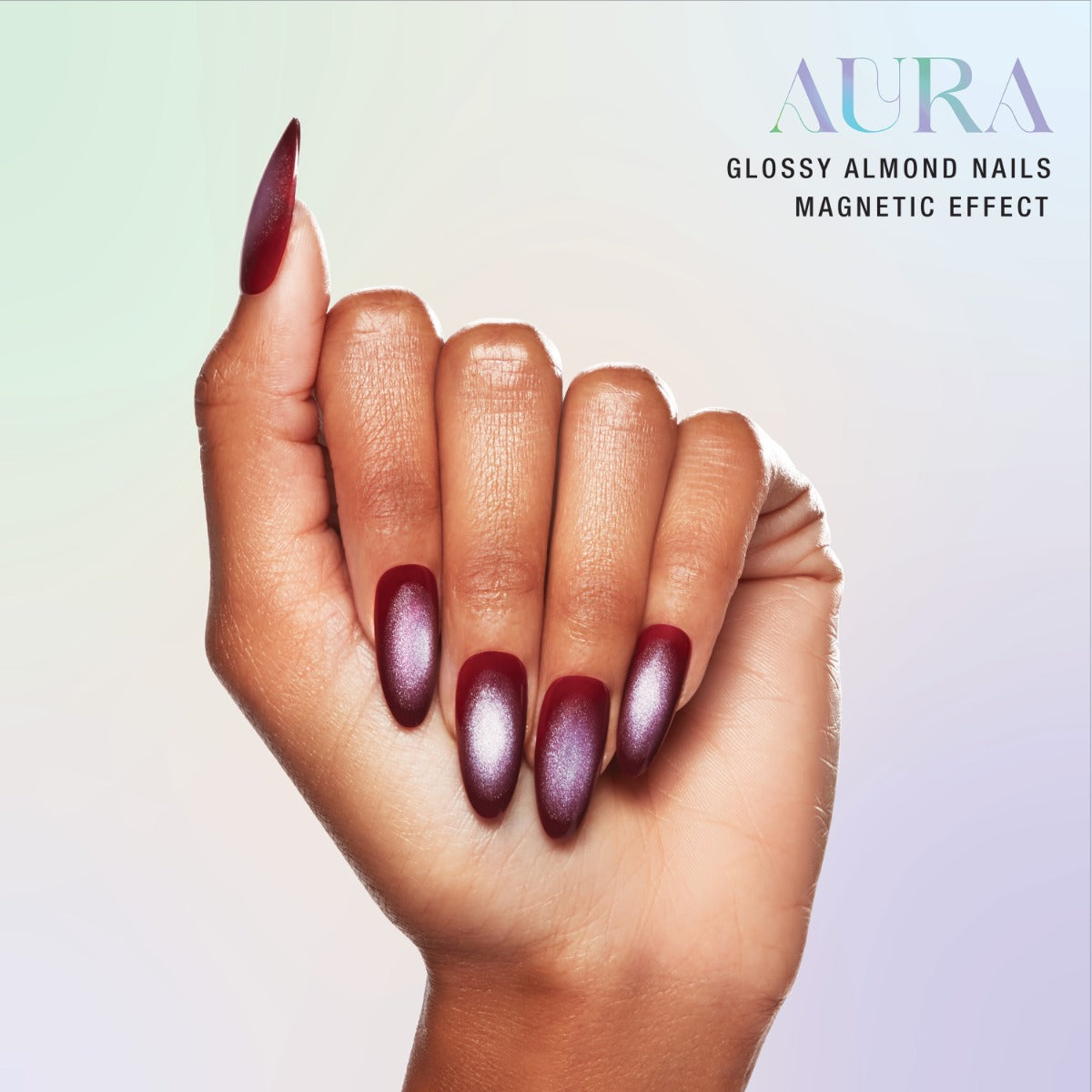 Salon Perfect Aura Glossy Almond Nails: Magnetic effect press-on nails with a high-shine gradient finish for a bold, salon-quality look.