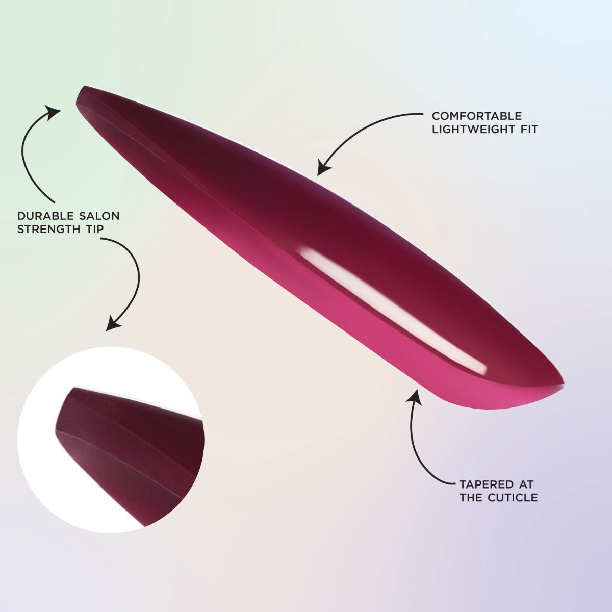 An artificial nail for SALON PERFECT NAIL 196 AURA DEEP PURP MAGNETIC displayed stating the following: comfortable lightweight fit, durable salon strength tip, and taped at the cuticle 