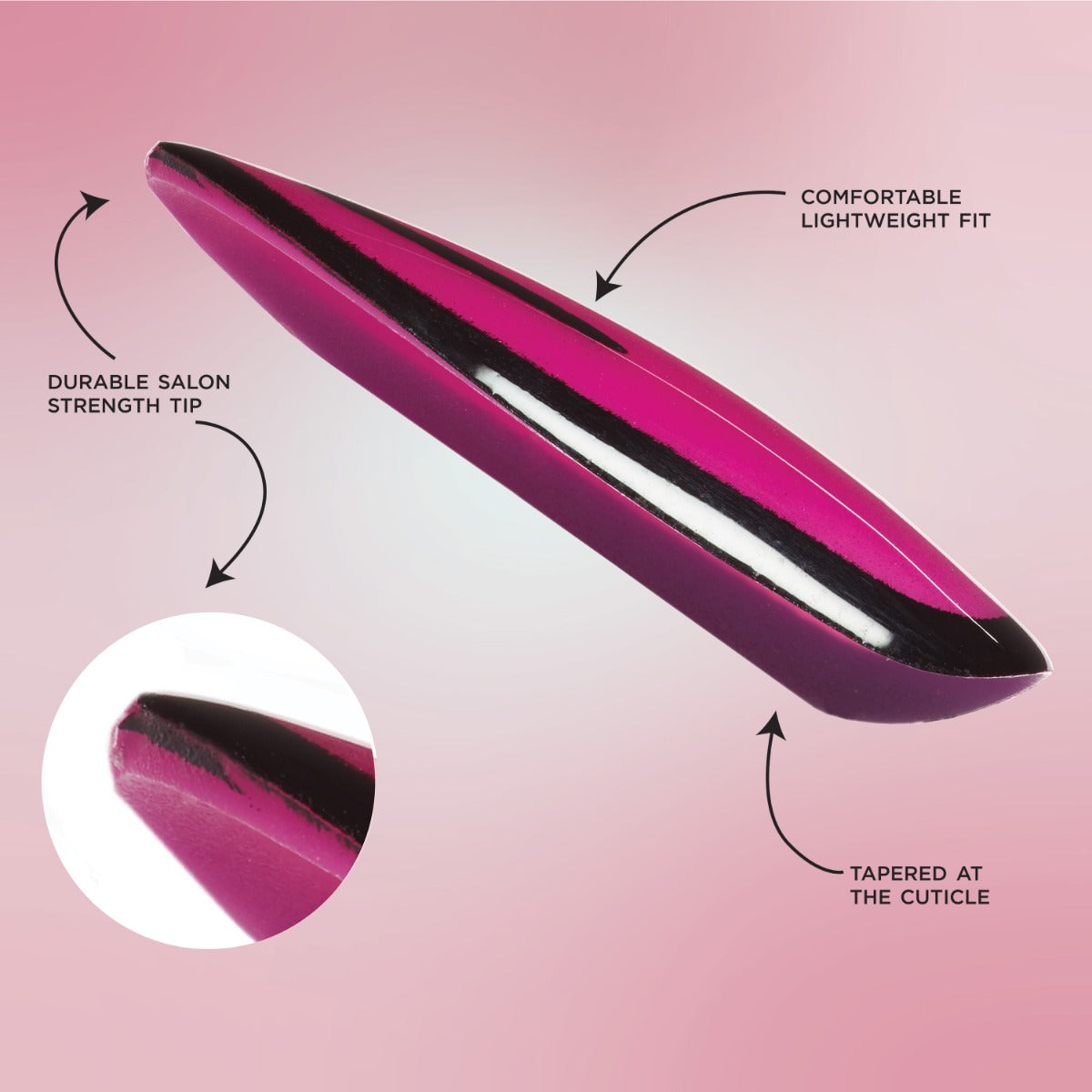 An artificial nail zoomed in and displayed from SALON PERFECT NAIL 177 POP-ART PURPLE MAGNETIC 