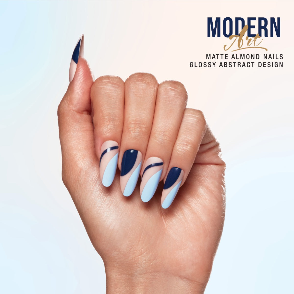 A hand model wearing SALON PERFECT NAIL 192 MODERN ART BLUE ALMOND