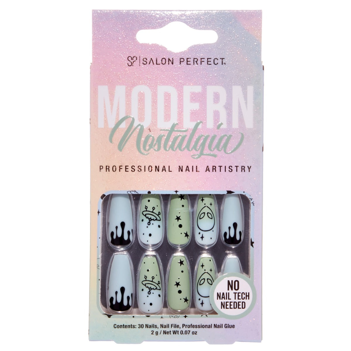 Front  side of packaging for SALON PERFECT NAIL 215 MODERN NOSTALGIA BLUE GRN UFO 