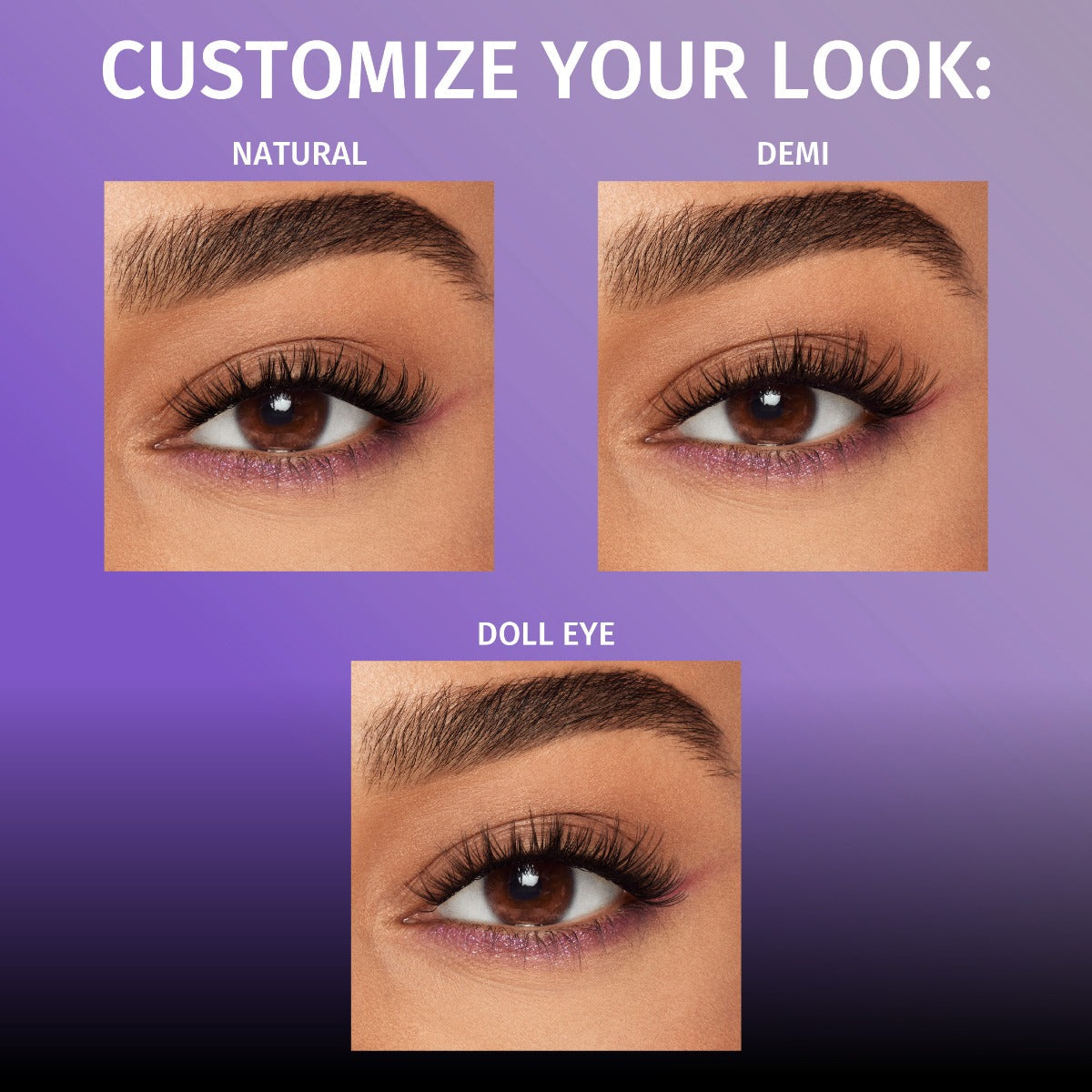 Pinched Press On Underlash Extension Kit displaying 3 different possible looks