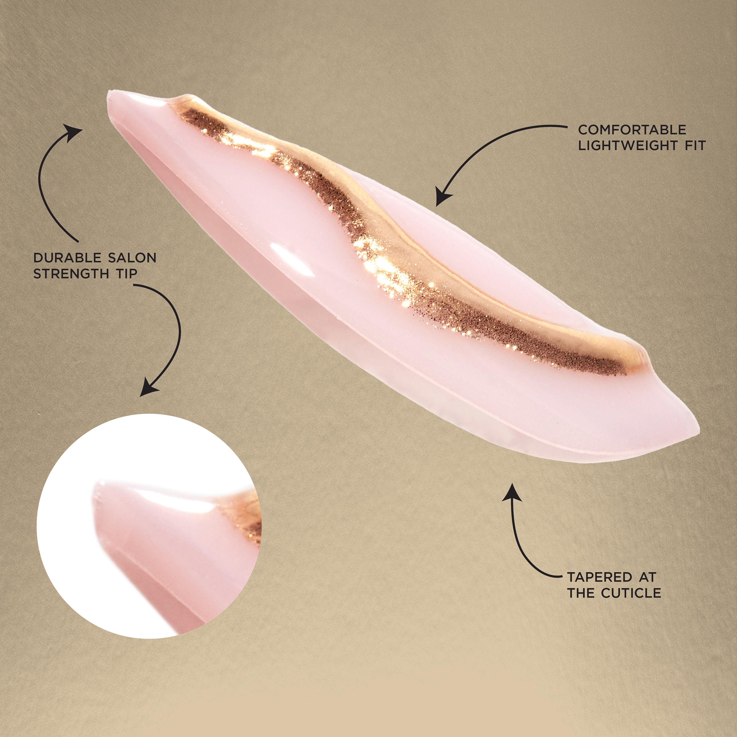 SP NAIL 353 VIRAL NAIL EDIT BLOOMING displayed stating the following: durable salon strength tip, comfortable lightweight fit, and tapered at the cuticle.