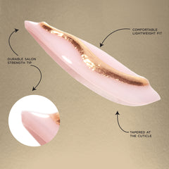 SP NAIL 353 VIRAL NAIL EDIT BLOOMING displayed stating the following: durable salon strength tip, comfortable lightweight fit, and tapered at the cuticle.