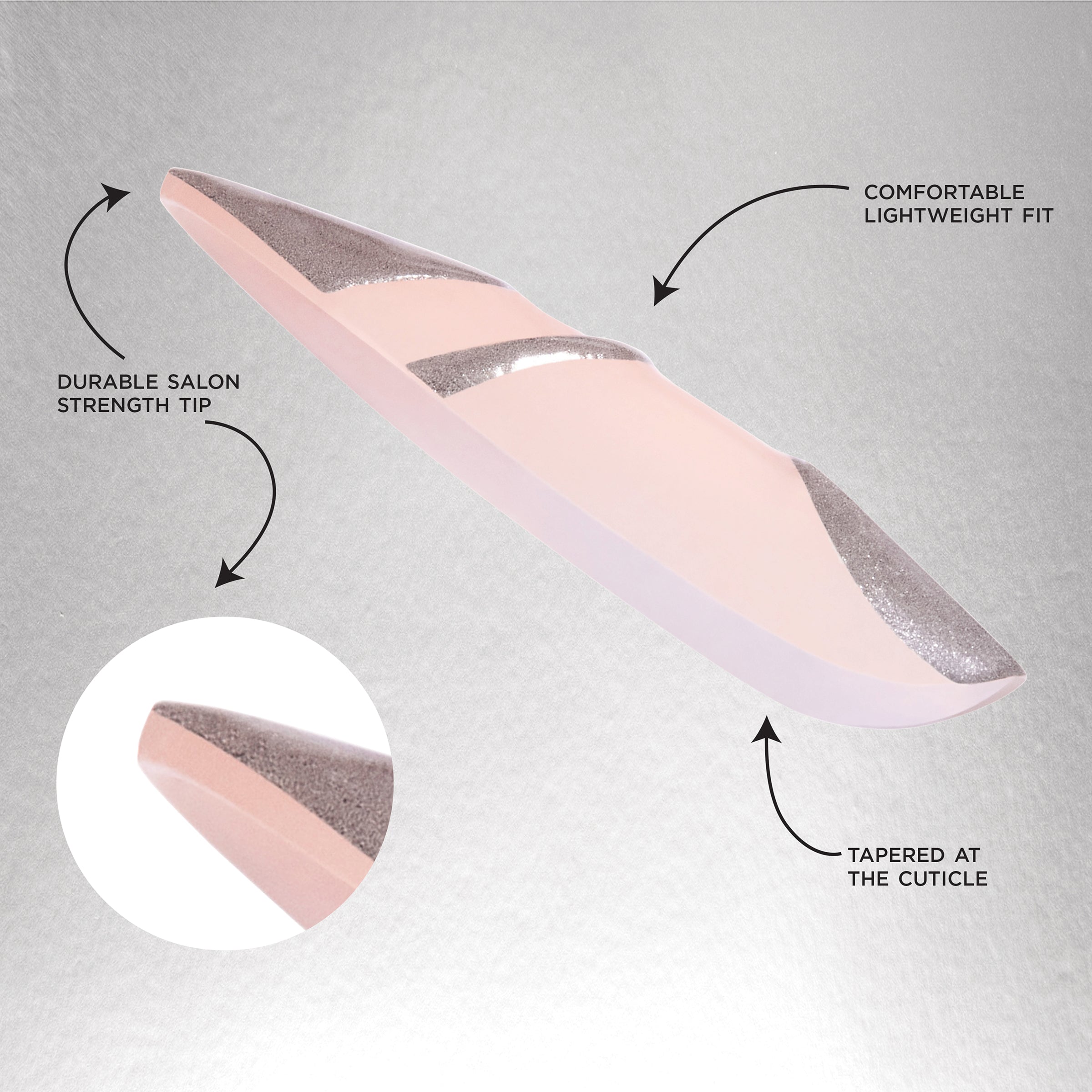 SP NAIL 355 VIRAL NAIL EDIT SILVER displayed stating the following: durable salon strength tip, comfortable lightweight fit, and tapered at the cuticle.