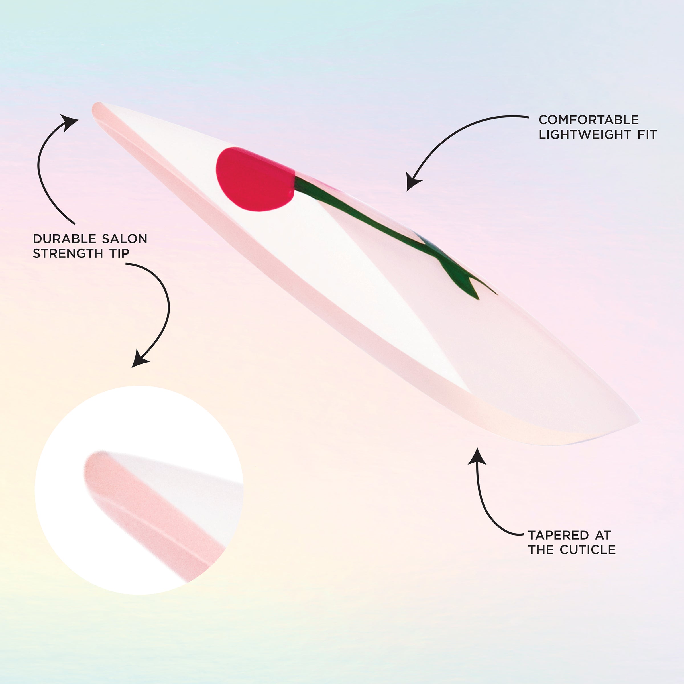 SP NAIL 360 MODERN NOSTALGIA CHERRY MED ALMOND displayed stating the following: durable salon strength tip, comfortable lightweight fit, and tapered at the cuticle.