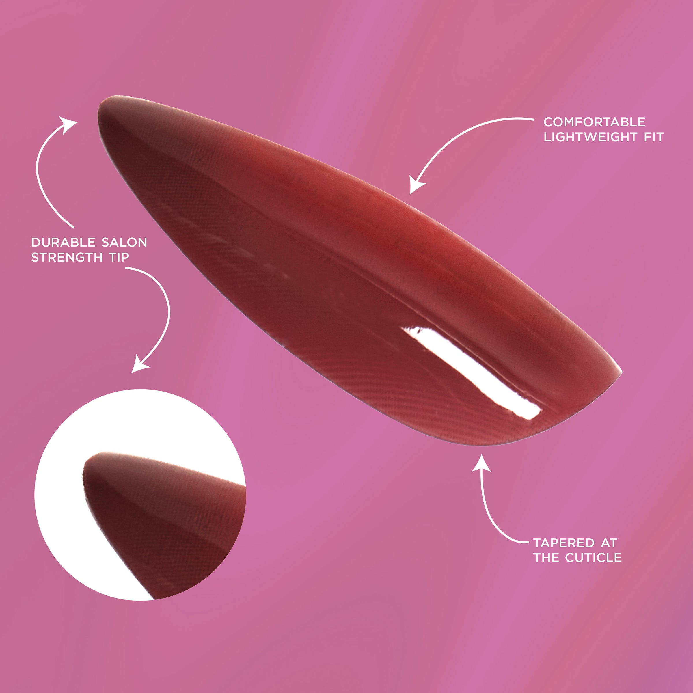 An artificial nail from SALON PERFECT NAIL 367 AURA BURGANDY MED ALMOND displayed stating the following: durable salon strength tip, comfortable lightweight fit, and tapered at the cuticle.