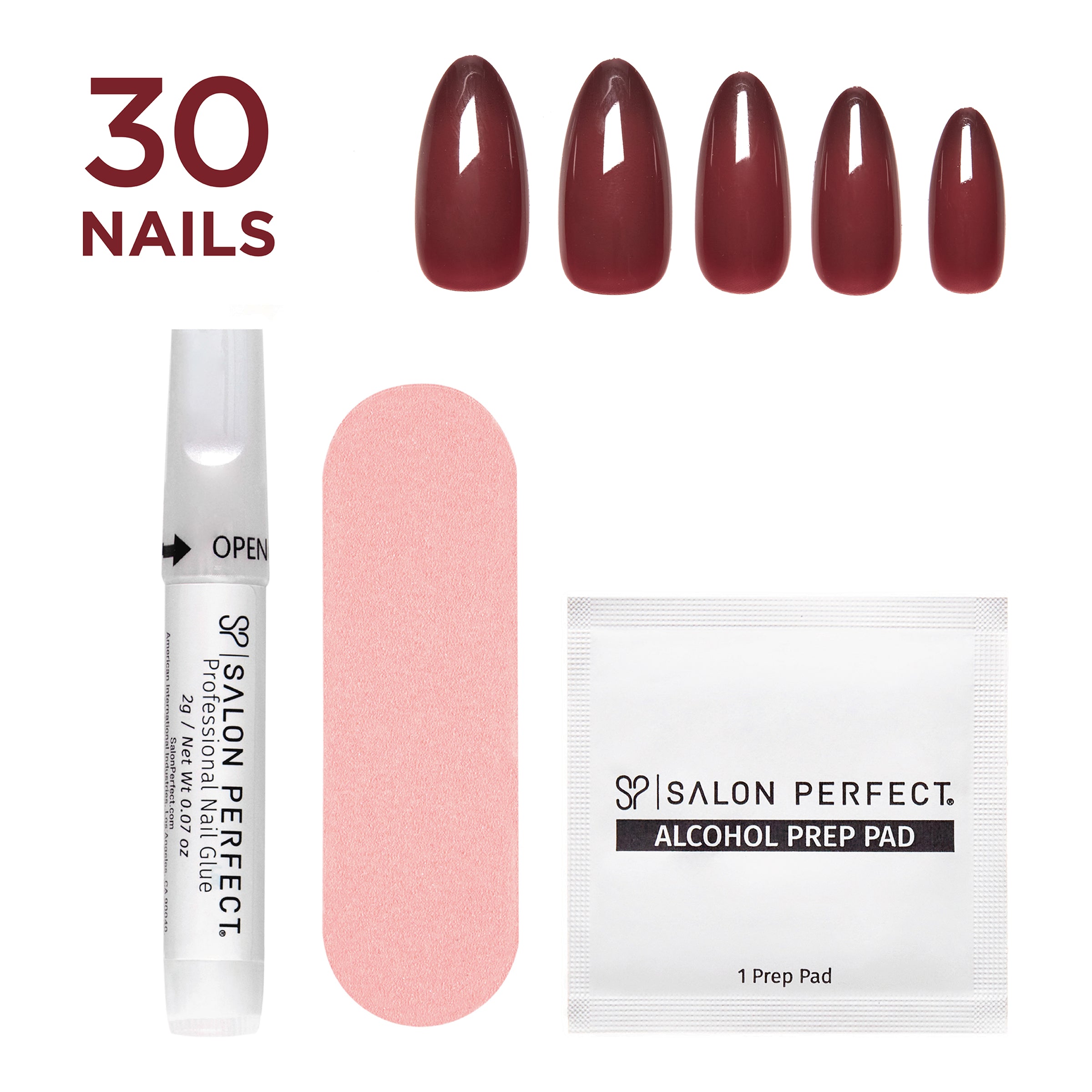 SALON PERFECT NAIL 367 AURA BURGANDY MED ALMOND displayed outside of box