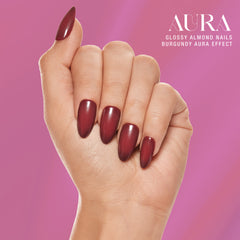 SP NAIL 367 AURA BURGANDY MED ALMOND displayed on hand model 