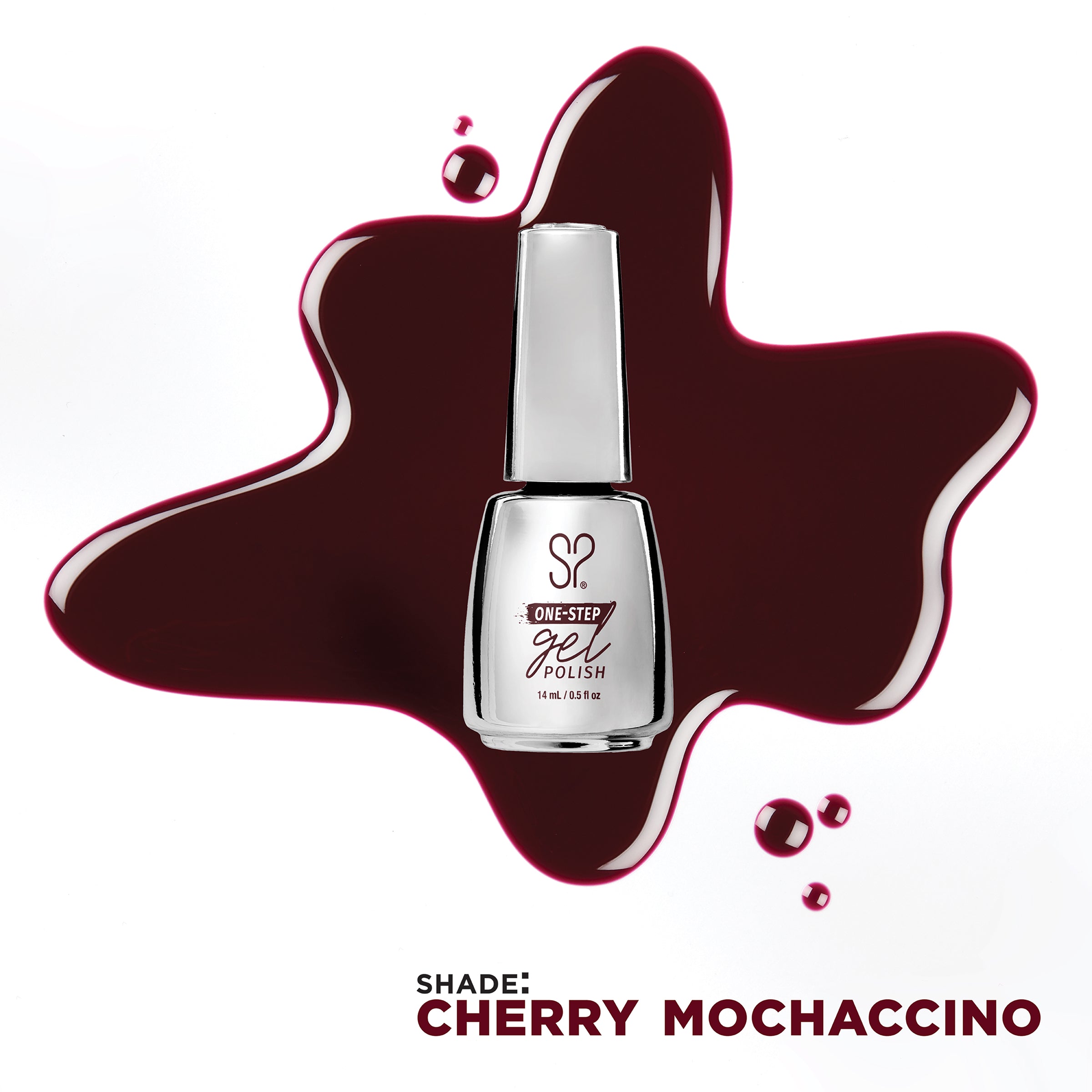 Bottle with Salon Perfect .5OZ 1-Step Gel Cherry Mochaccino swatch at the back.