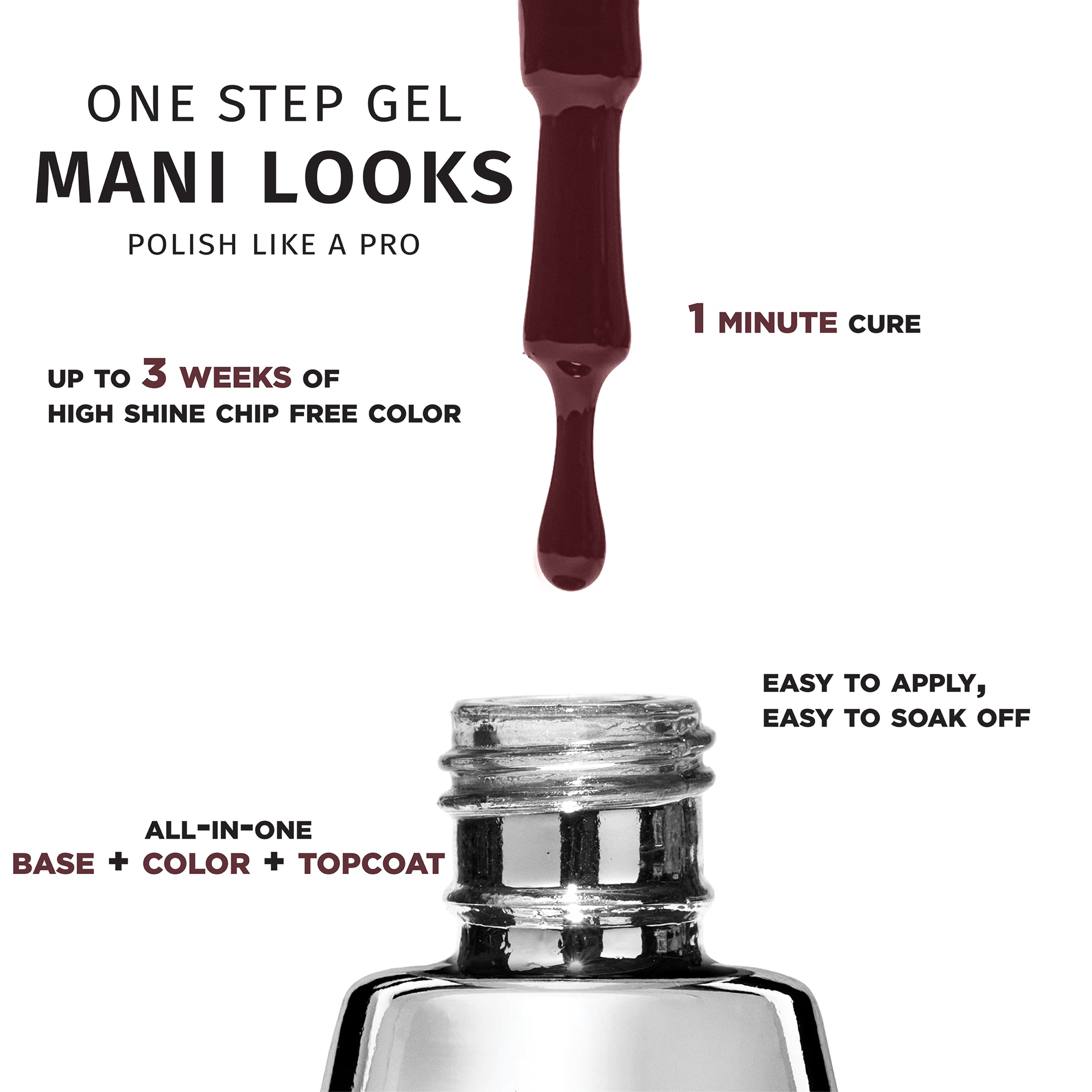 Salon Perfect .5OZ 1-Step Gel Cherry Mochaccino bottle and brush with attributes.