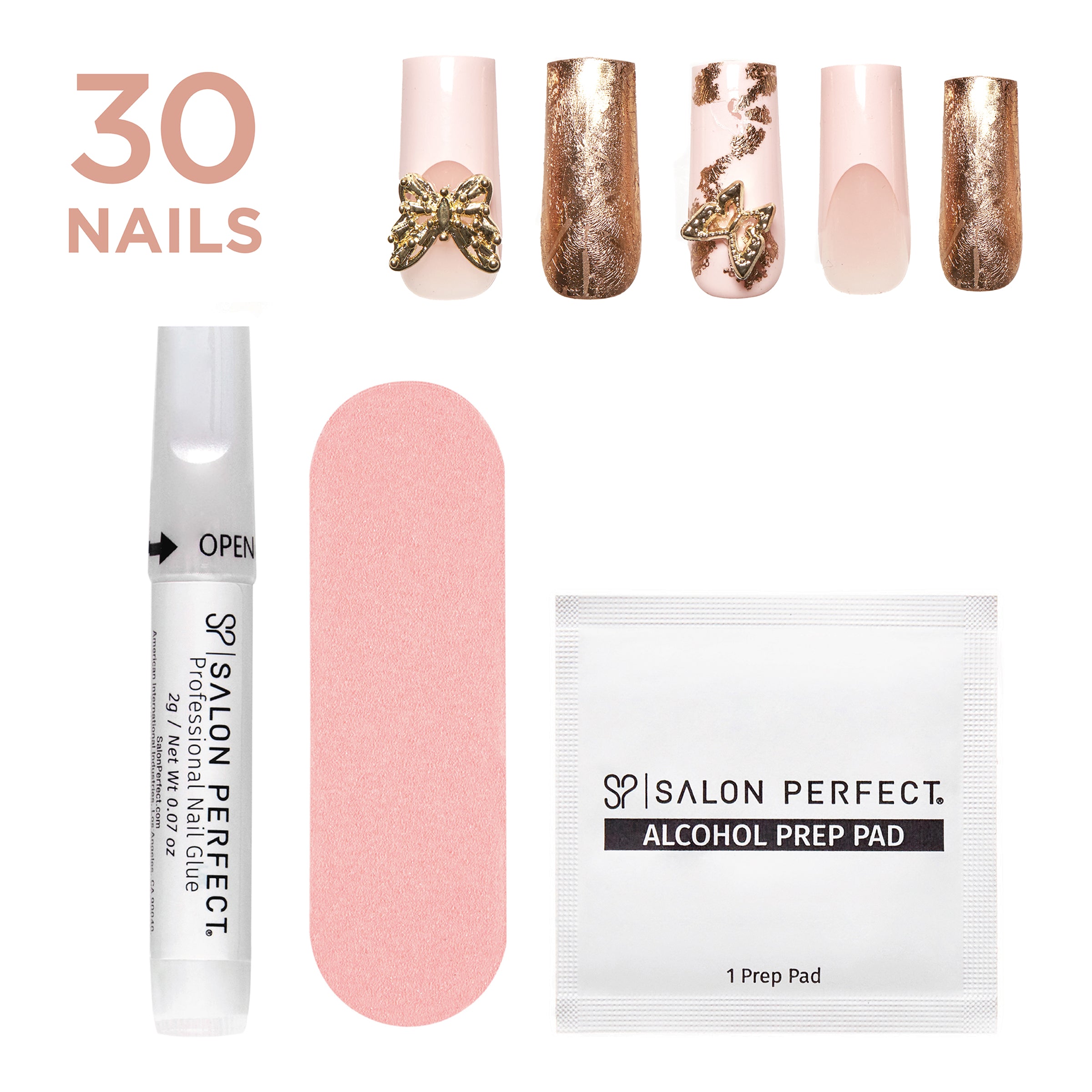 SP NAIL 418 CHARMED GOLD BUTTERFLY displayed contents outside of box