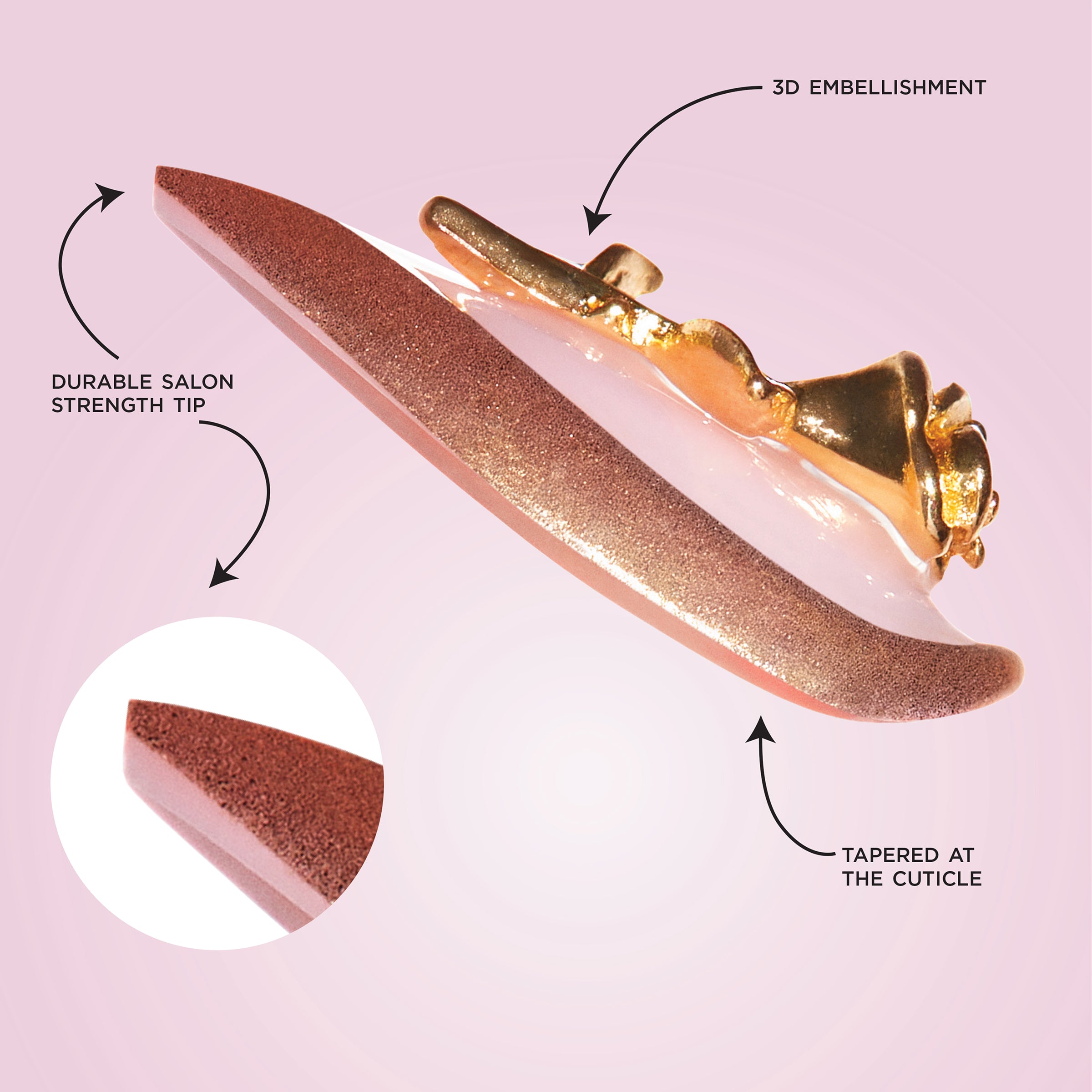 SP NAIL 417 CHARMED GOLD ROSE displayed stating the following: durable salon strength tip, comfortable lightweight fit, and tapered at the cuticle.