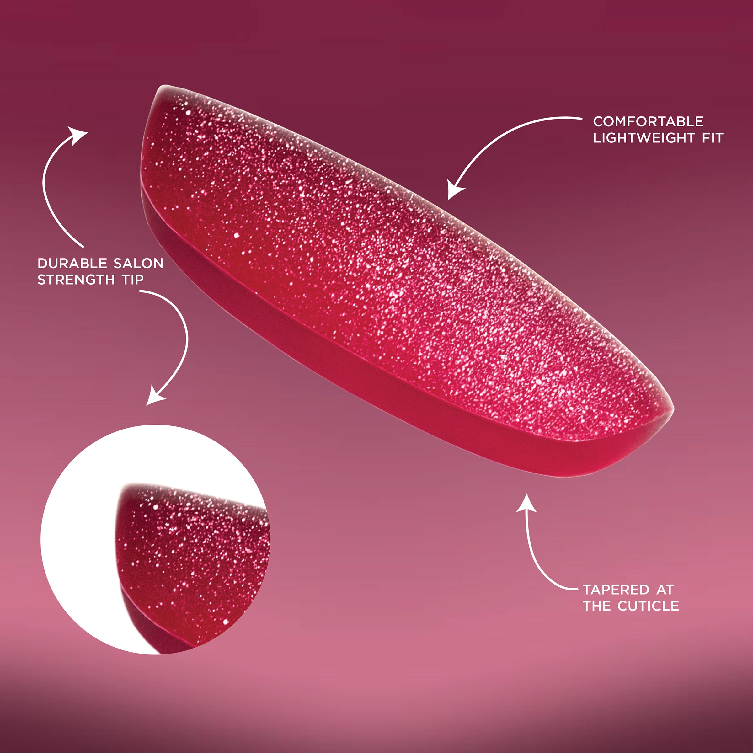 SP NAIL 419 MAGNETIC CHERRY SHORT SQUOVAL displayed stating the following: durable salon strength tip, comfortable lightweight fit, and tapered at the cuticle.