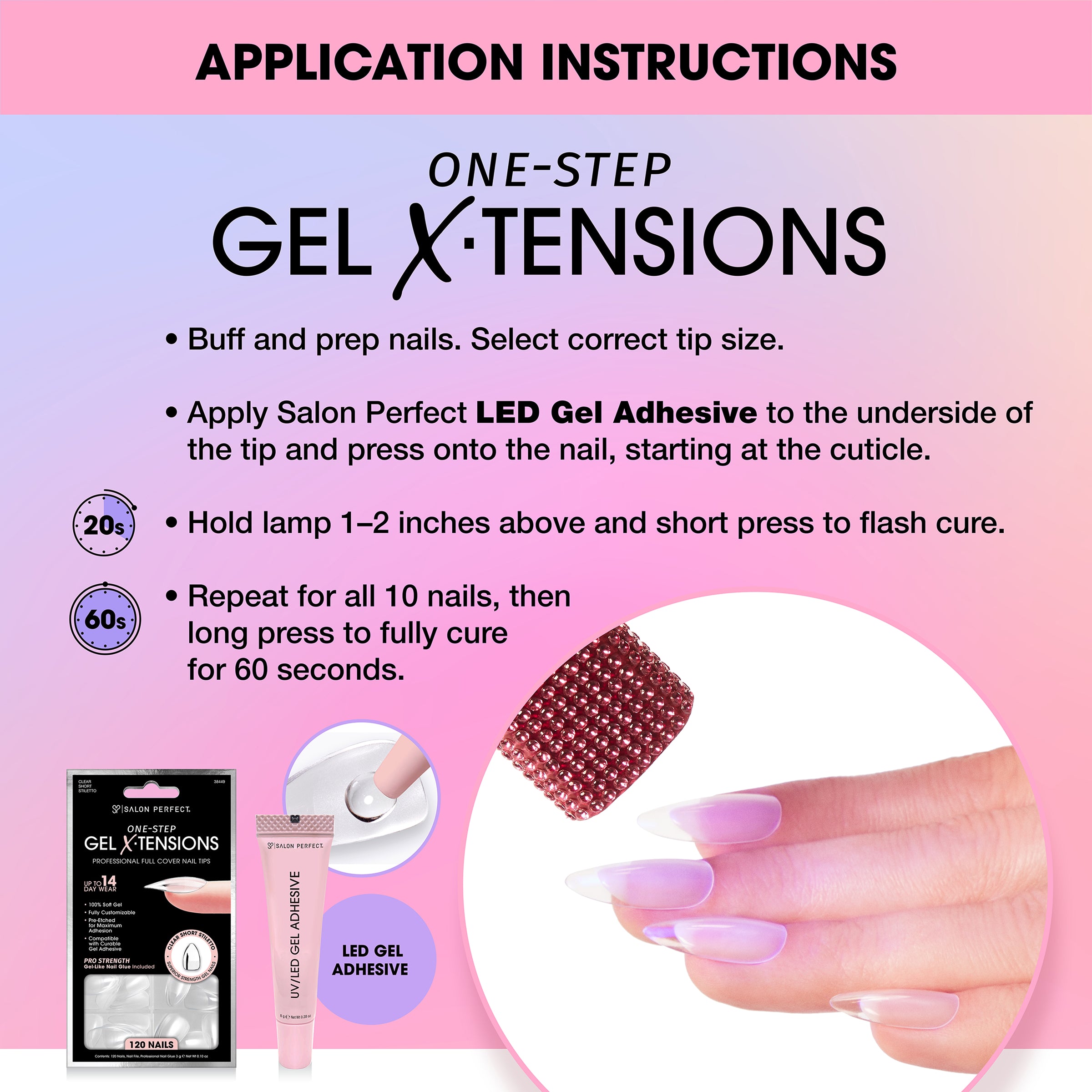 Application instruction of Salon Perfect Handheld UV/Gel Lamp on One-Step Gel Extensions.