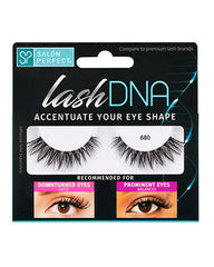 Salon Perfect Lash DNA 680 false eyelashes in packaging. Designed to lift downturned eyes and balance prominent eyes for a natural look.