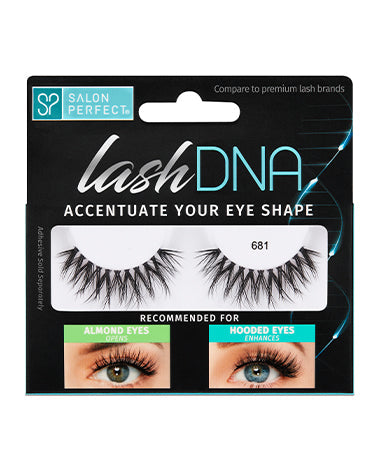 Salon Perfect Lash DNA 681 false eyelashes in packaging. Designed to define almond eyes and enhance hooded eyes for a lifted look.