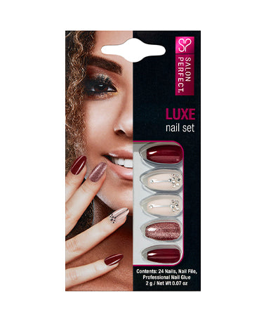 Salon Perfect Luxe Nail Set with elegant burgundy, nude, and glitter-accented nails for a sophisticated manicure.