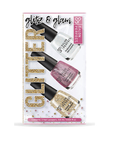 Salon Perfect Glitz & Glam Glitter Nail Lacquer Set with three sparkling shades for a dazzling manicure.