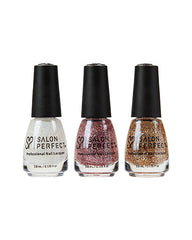 Salon Perfect Glitter Nail Lacquer Set featuring silver, pink, and gold glitter polishes for a glamorous, shimmery finish.