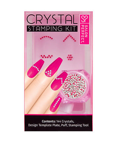 Salon Perfect Crystal Stamping Kit with 144 crystals, design template plate, puff, and stamping tool for stylish nail art.