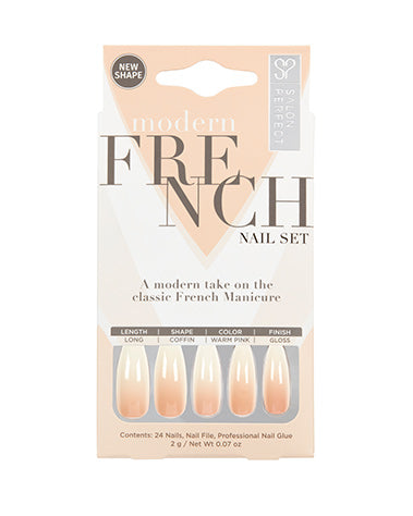 Salon Perfect Modern French Nail Set with long coffin shape, glossy finish, and warm pink ombre French tips.