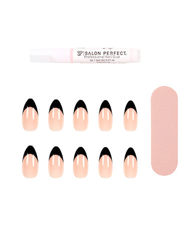 Salon Perfect Modern French Nail Set includes 24 press-on nails with a sleek black French tip, nail file, and professional glue for a salon-quality manicure.