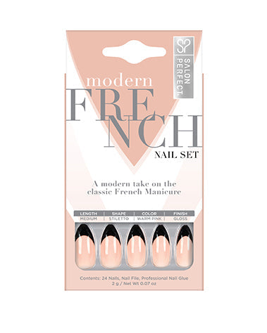 Salon Perfect Modern French Nail Set with medium stiletto shape, glossy finish, and bold black French tip design.