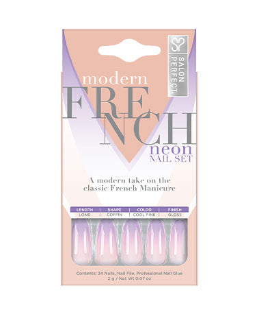 Salon Perfect Modern French Neon Nail Set with a long coffin shape, glossy finish, and vibrant cool pink ombre French tip.