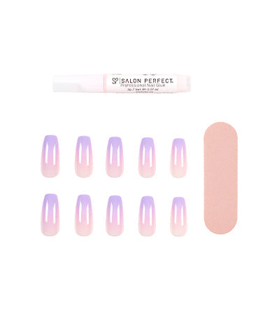 Salon Perfect Modern French Neon Nail Set includes 24 press-on nails with a pink-to-purple ombre French tip, nail file, and professional glue.