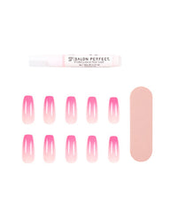 Salon Perfect Modern French Neon Nail Set with 24 press-on nails, pink gradient tips, nail file, and professional glue.