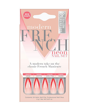 Salon Perfect Modern French Neon Nail Set with long coffin shape and glossy red ombre French tips.