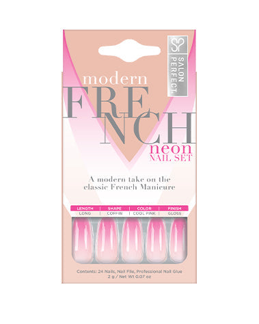 Salon Perfect Modern French Neon Nail Set with long coffin shape, glossy finish, and vibrant pink ombre French tips.