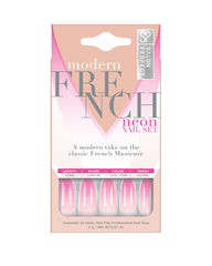 Salon Perfect Modern French Neon Nail Set with long coffin shape, glossy finish, and vibrant pink ombre French tips.