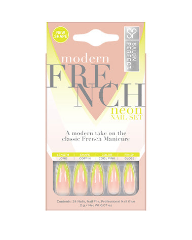 Salon Perfect Modern French Neon Nail Set with long coffin shape, glossy finish, and bold yellow French tips.