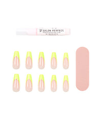 Salon Perfect Modern French Neon Nail Set with 24 press-on nails, neon yellow tips, nail file, and professional glue.