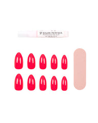 Salon Perfect Tips & Toes Set includes 24 red press-on nails, matching polish, nail file, and professional glue.